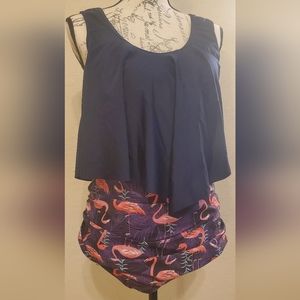 Two Piece Tankini Top, Vintage Tummy Control Bottom, High Waisted (XL)